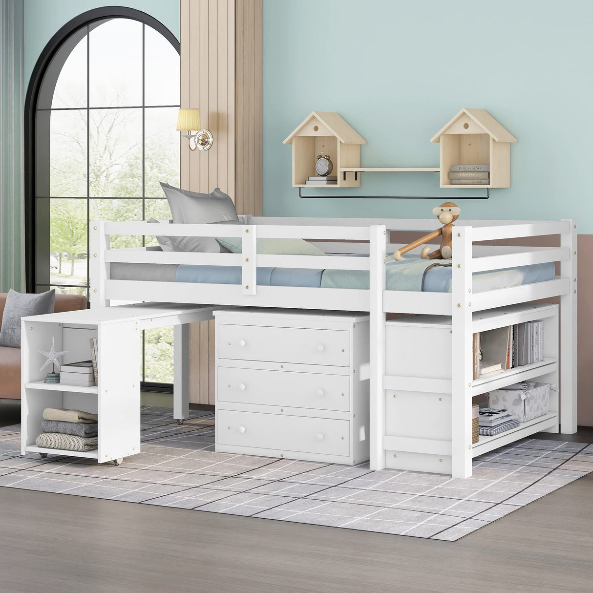 Merax Pure White Twin Low Loft Bed with Integrated Desk, Storage Cabinet & Bookshelf Merax