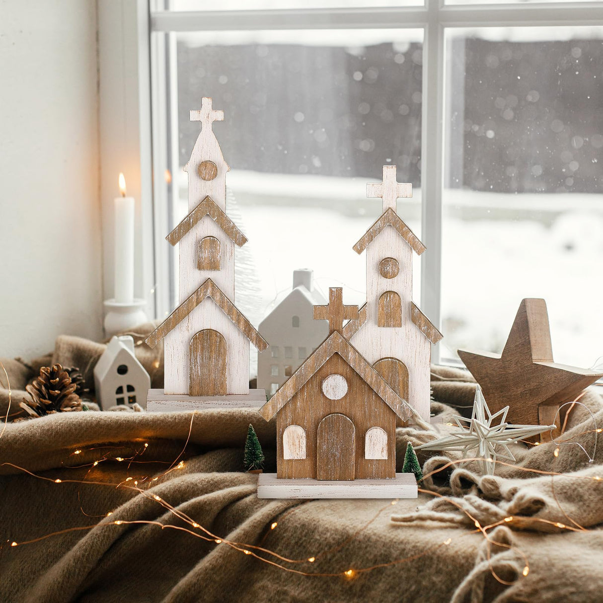 Cinnvoice 3 Pcs Christmas Rustic Wooden Churches Tabletop Decoration Farmhouse Wooden Churches Sign Desk Shelf Ornaments Xmas Wooden Centerpieces Decor for Table Top Fireplace Home Tiered Tray Decor Cinnvoice
