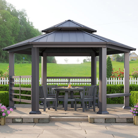 AMERLIFE 13X15FT Hardtop Gazebo, Hexagon Metal Patio Gazebo, Double Tiered Patio Pavilion with Aluminum Foot, Dual Rails, Ceiling Hook and Bench for Patio, Garden, Backyard Shade AMERLIFE