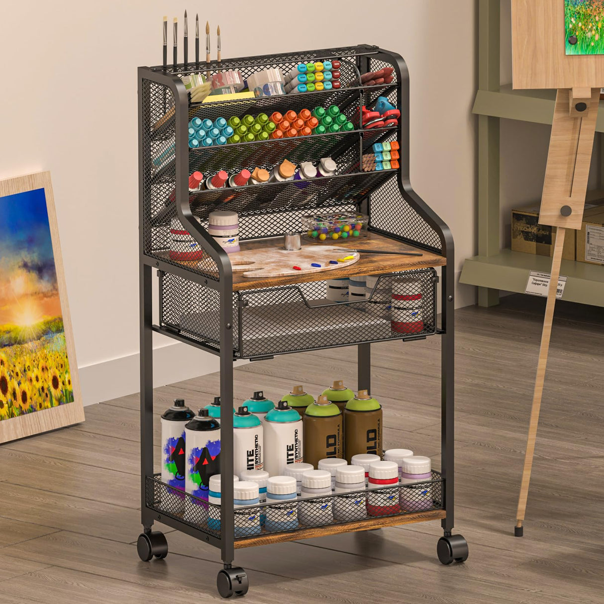 Small Rolling Utility Cart with Drawer, Metal Craft Storage Cart with Lockable Wheel, Versatile Art Organizer with 6 Tiers & Removable Dividers for Drawing Room, Store Paint & Artifact, Patent Pending Jakyitvi