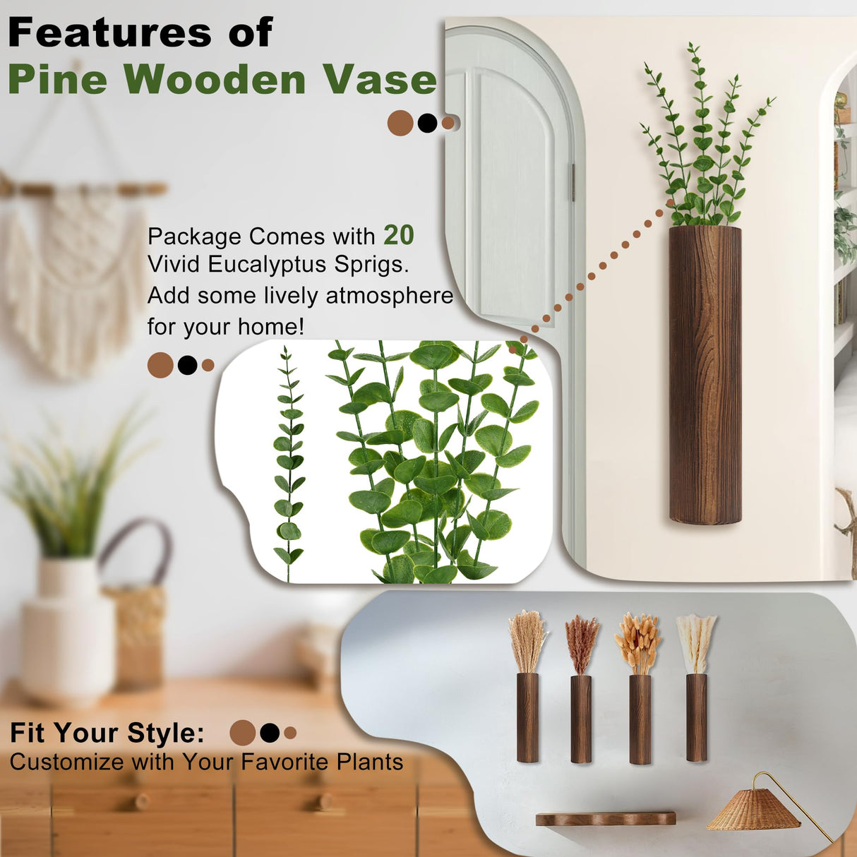 Fttoyoly 4 Pack Wood Wall Planter with Artificial Eucalyptus, Modern Wall Decor for Living Room Bedroom Bathroom Entryway, Farmhouse Boho Wall Vases for Dried Flowers and Faux Plants Fttoyoly