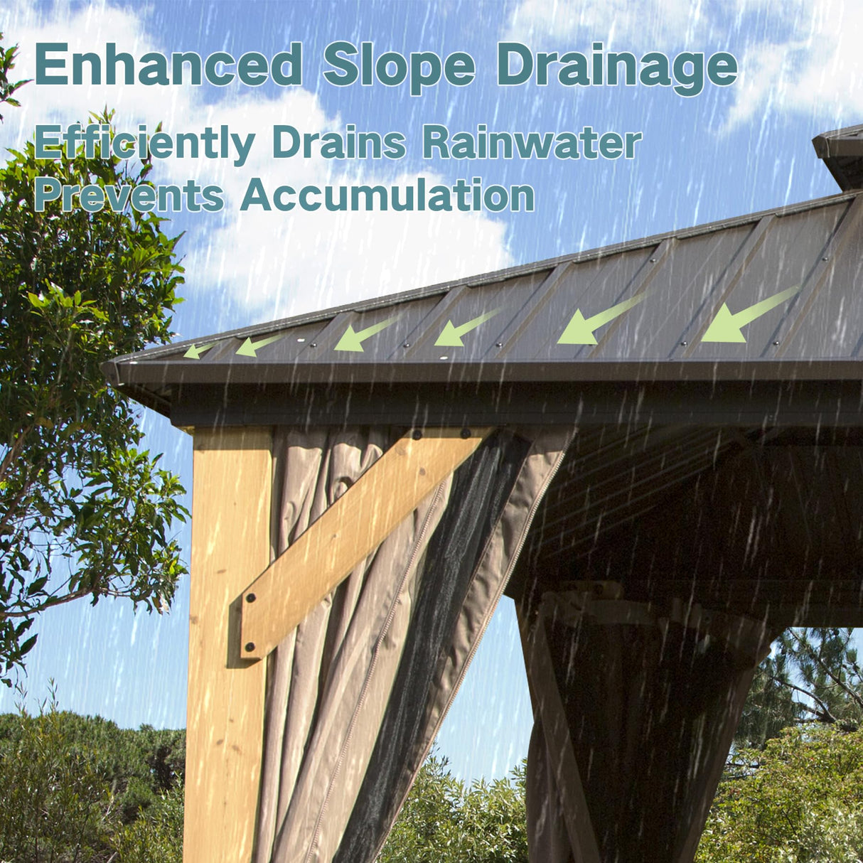 Domi 10'x14' Cedar Wood Gazebo with Double Roof Steel Hardtop,Solid Wood Frame Gazebo,Curtains and Netting Included for Garden, Backyard domi outdoor living