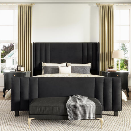 AMERLIFE King Size Bed Frame, Velvet Upholstered Platform Bed with Vertical Channel Tufted Headboard & Footboard/Wingback, Mattress Foundation with Wood Slats, No Box Spring Needed, Black AMERLIFE