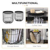 HOMCOM Nesting Coffee Tables, Round Coffee Table Set of 2 with Steel Wired Basket Body and Removable Top, Stacking End Tables Blanket Storage for Living Room, Black HOMCOM