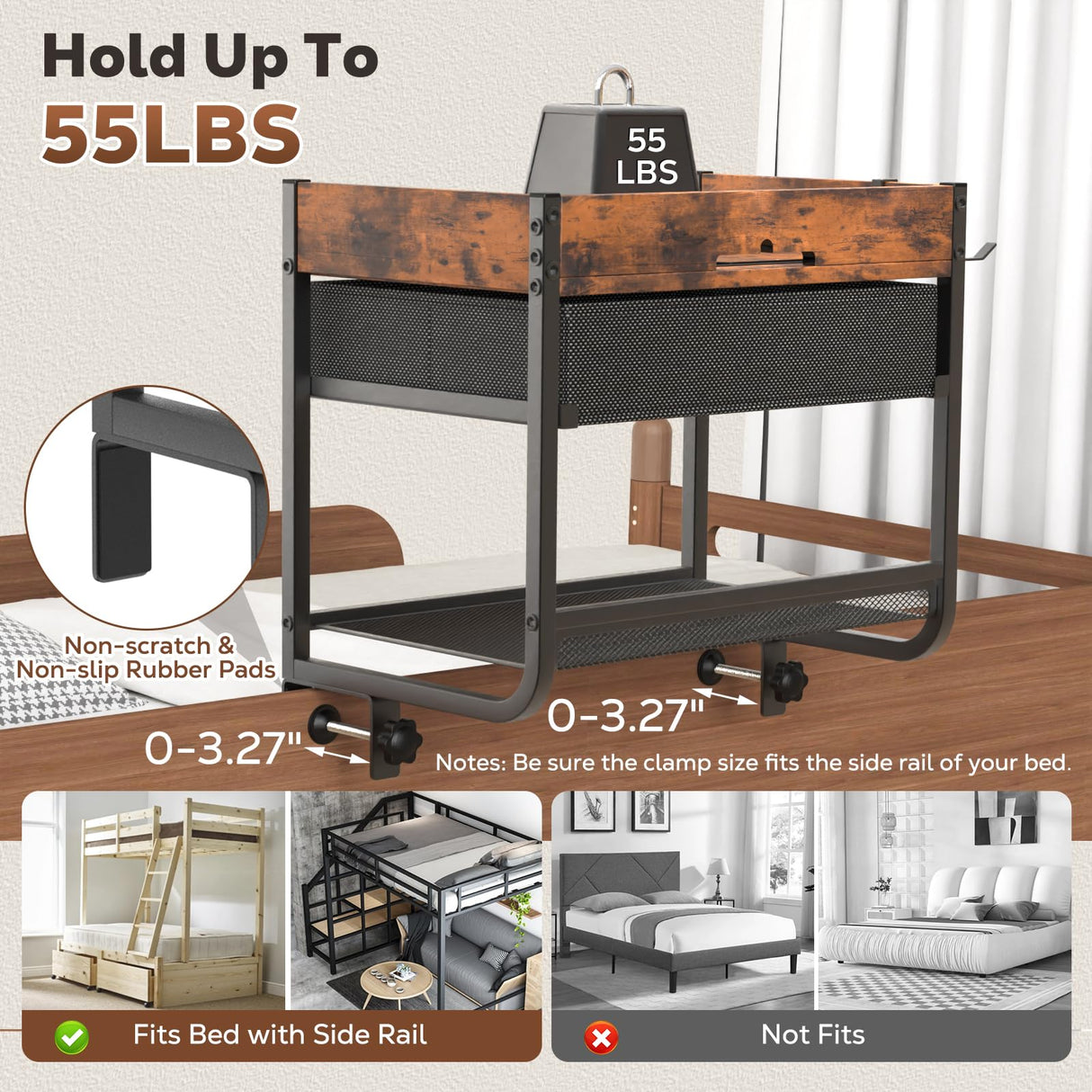 Housolution 2 Tier Bedside Shelf for Top Bunk & Loft Beds, Bunk Bed Shelf with Fabric Drawer, Tablet Slot,Clip on Nightstand for College Dorm Rooms, Small Apartments, Bedrooms with Limited Space Housolution