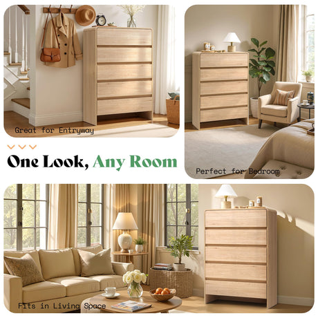 AMERLIFE 5 Drawer Dresser for Bedroom, 48" Tall Modern Chest of Storage Drawers with Rounded Corners, Anti-Tip Kit, Wood Cabinet Organizer for Closet, Living Room, Nursery, Easy Assembly, Light Oak AMERLIFE