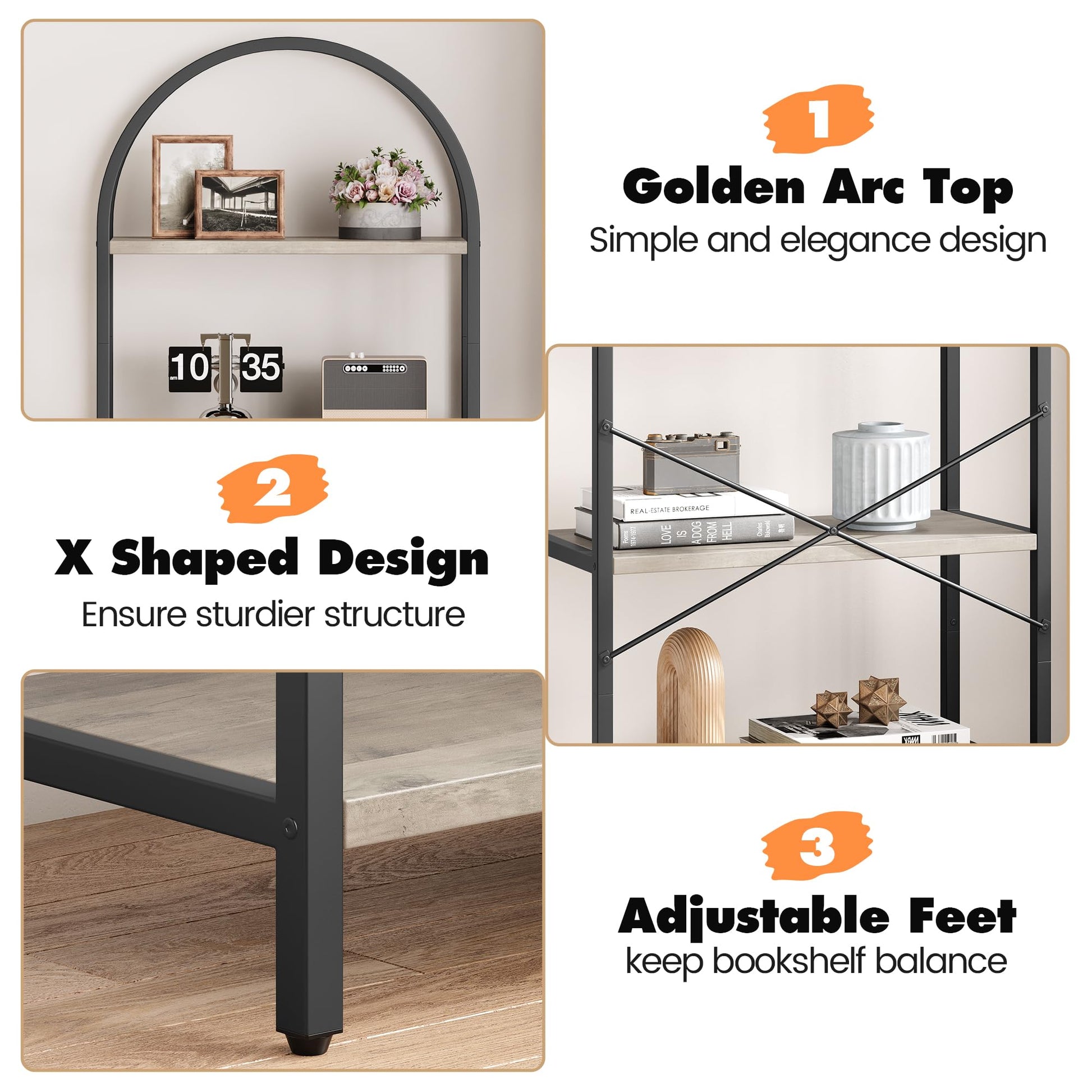 IDEALHOUSE 5-Tier Grey Bookshelf – Stylish Arched Display Rack for Home, Office, or Living Room Storage - WoodArtSupply