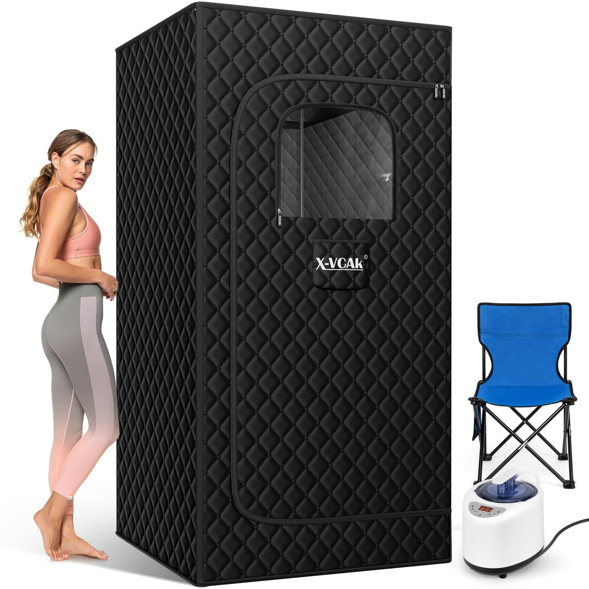 X-Vcak Portable Steam Sauna, Portable Sauna for Home, Sauna Tent Sauna Box with 2.6L Steamer, Remote Control, Folding Chair, 9 Levels, Black, 2.6’ x 2.6’ x 5.9’ X-Vcak