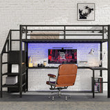 Bellemave Queen Loft Bed with Desk & Wardrobe, Heavy Duty Metal Loft Beds with Storage Stairs, LED Loft Bed Queen Size with Charging Station & Safety Guardrails, No Box Spring Needed, Black Bellemave