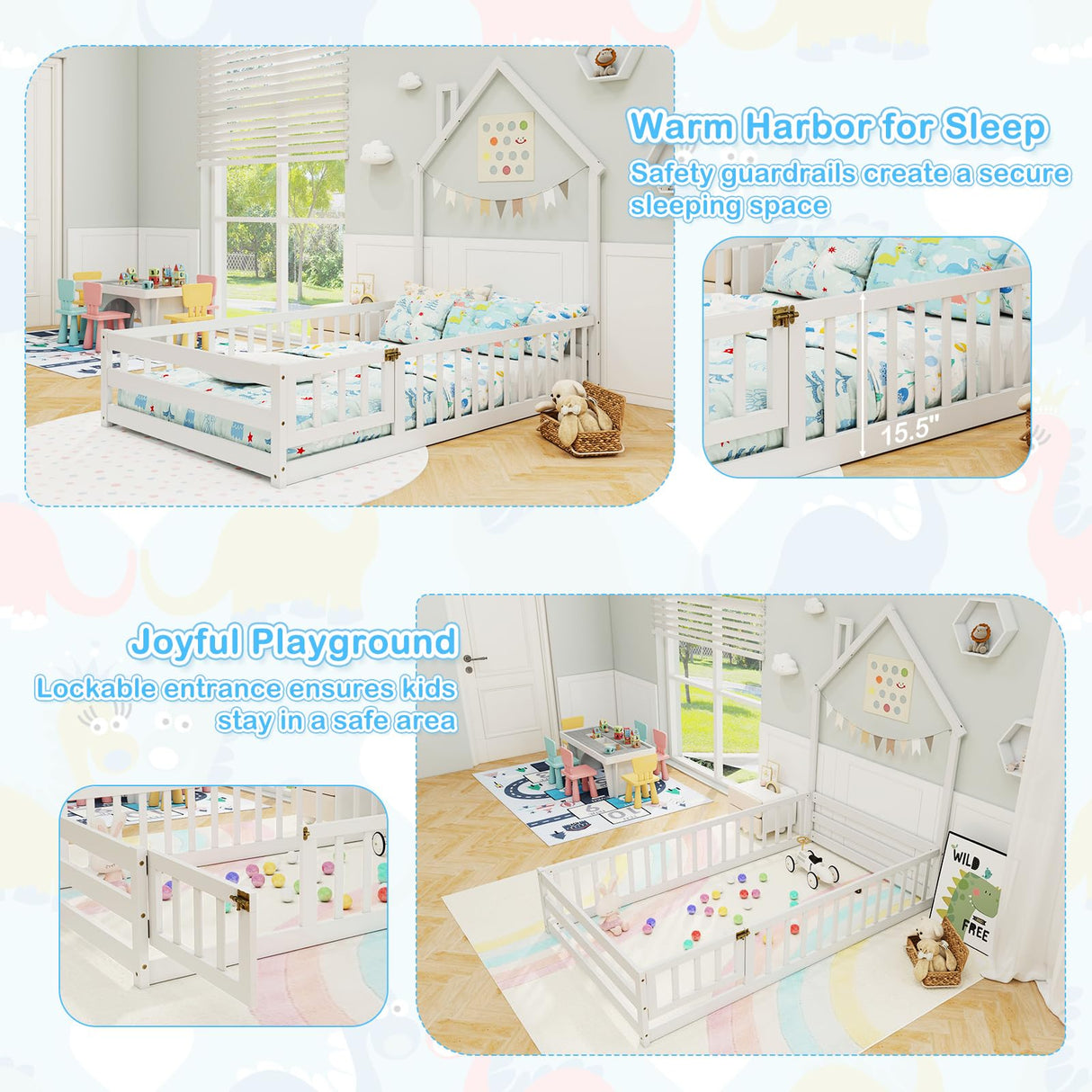 GORELAX Twin Floor Bed, Montessori House Bed, Floor Kid House Bed Frame with Fence, No Box Spring Needed, Wood Twin Size Platform Bed Frame for Boys, Girls (White) GORELAX