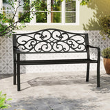 Tangkula 50 Inches Outdoor Garden Park Bench, Cast Iron Metal Patio Bench with Floral Design Backrest, Armrests and Slatted Seat, Outdoor Loveseat Chair for Porch, Lawn and Yard, Black Tangkula