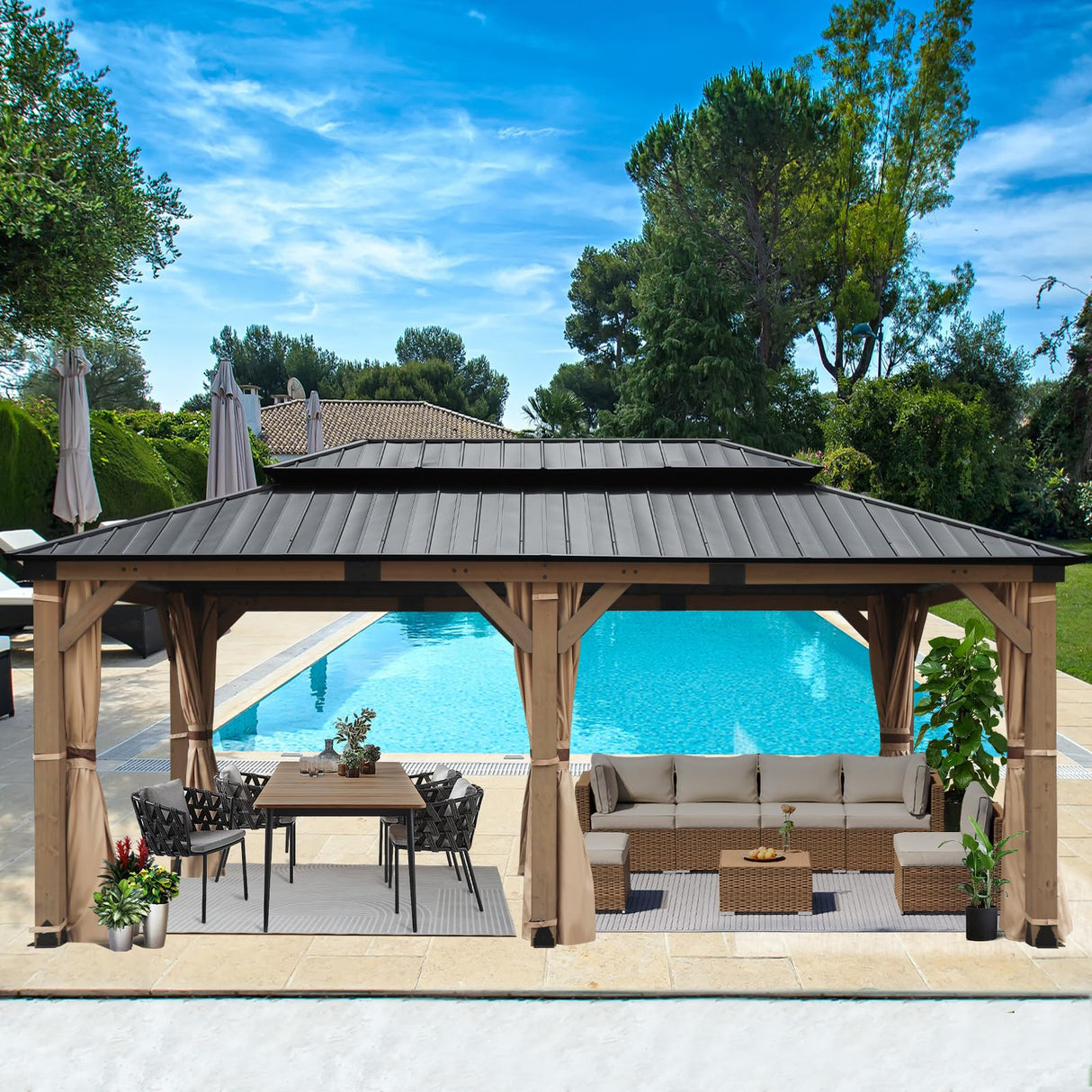 FAB BASED 12x20FT Hardtop Wood Gazebo, Natural Solid Cedar Frame Gazebo with 2-Tier Vented Roof, Outdoor Metal Canopy Pavilion with Netting & Curtains for Deck, Garden, Backyard, Lawn (Khaki) FAB BASED