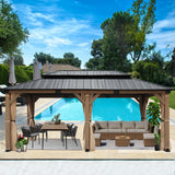 FAB BASED 12x20FT Hardtop Wood Gazebo, Natural Solid Cedar Frame Gazebo with 2-Tier Vented Roof, Outdoor Metal Canopy Pavilion with Netting & Curtains for Deck, Garden, Backyard, Lawn (Khaki) FAB BASED