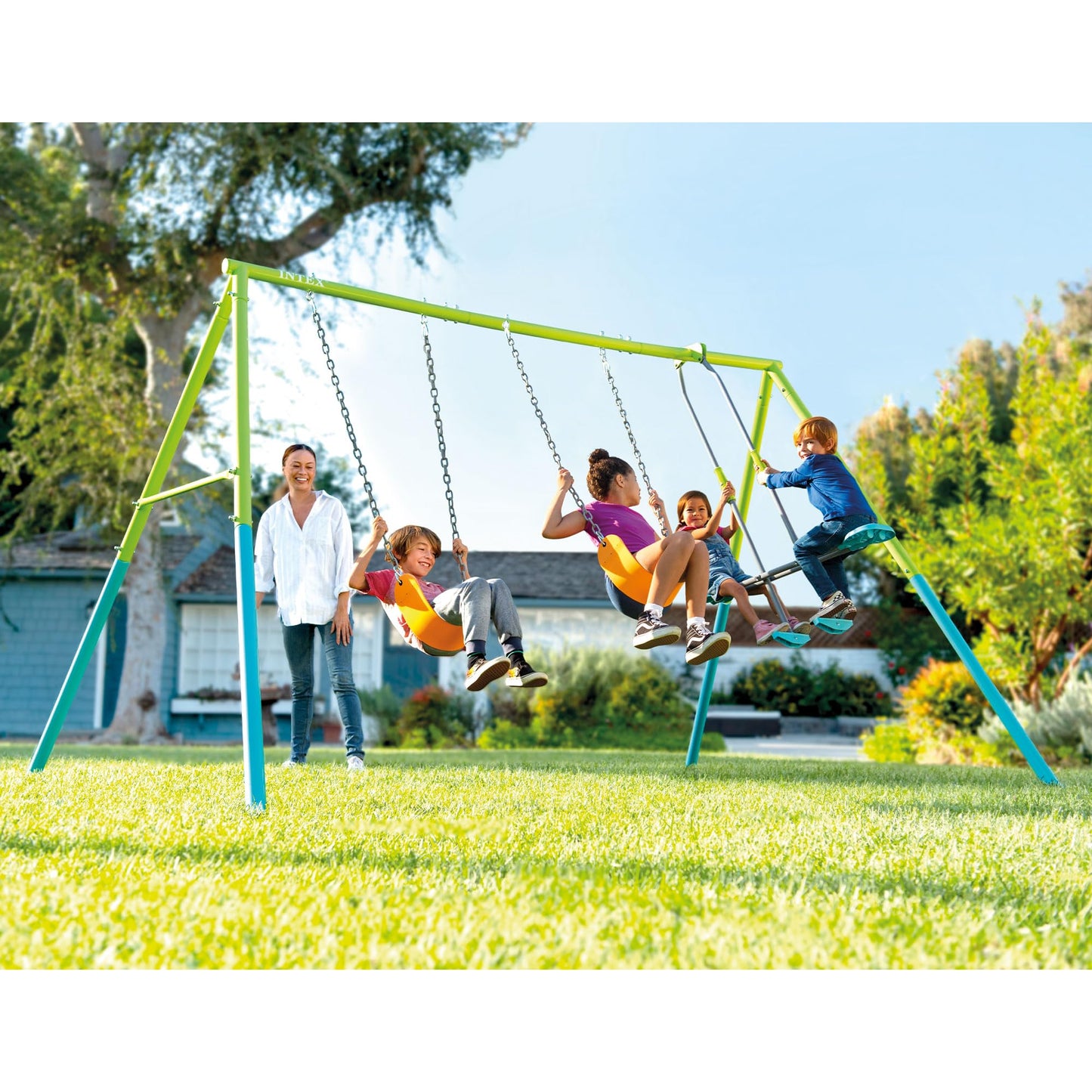 INTEX 44121E Heavy Duty Backyard Three Feature Swing Set: Includes Two Height Adjustable Swings and Glider – Plastisol-Coated Chain – Rust-Resistant Steel Frame – Anchor System – Easy Assembl - WoodArtSupply