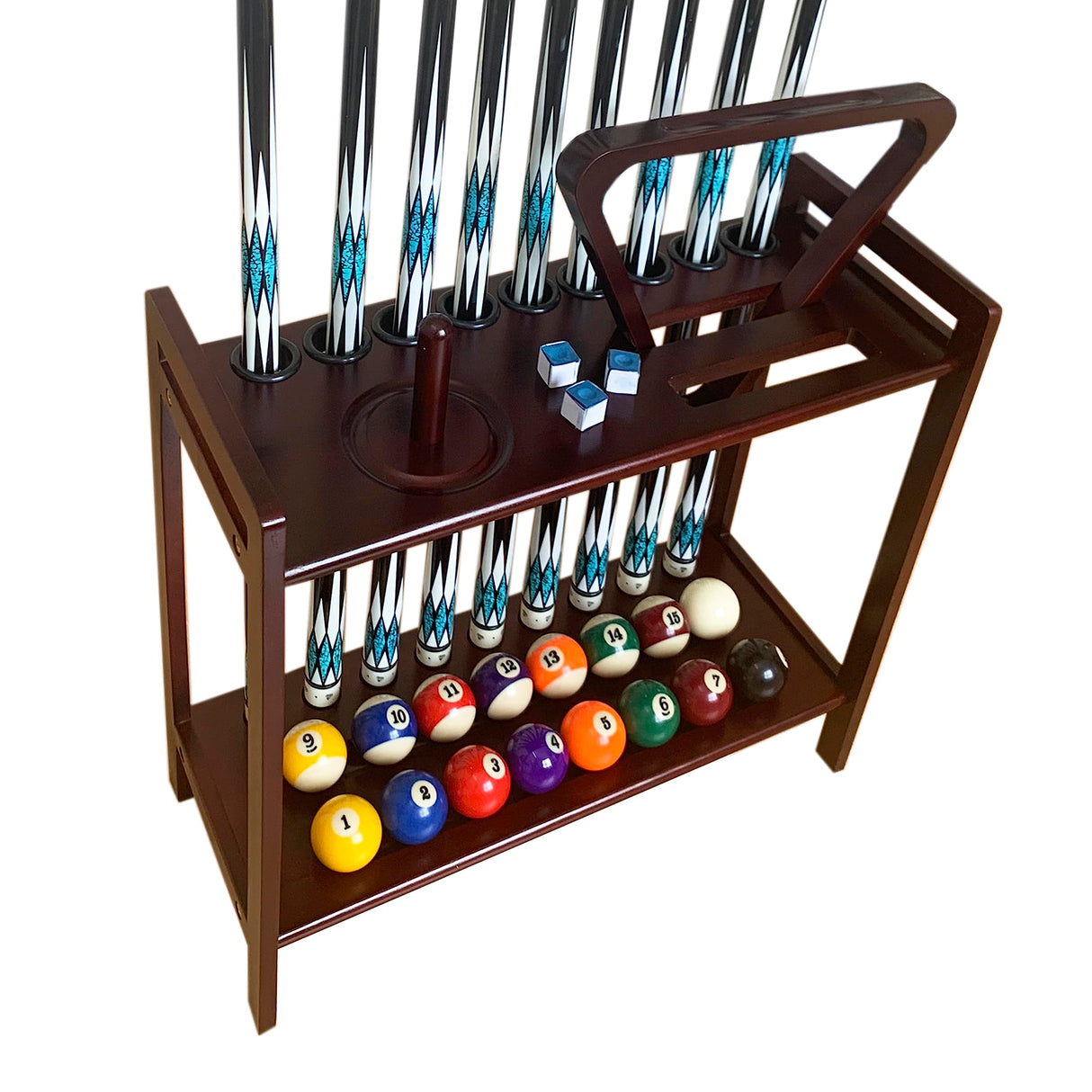 GACCO BILLIARDS Pool Stick Holder Floor Stand Holds 9 Cues & Pool Table Accessories. Wooden 2-Tier Cue Stick Storage with Ball Rack Hangers, Billiard Cone Chalk Holder or Drink Pads (Mahogany) GACCO BILLIARDS