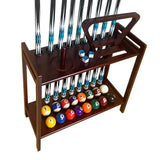GACCO BILLIARDS Pool Stick Holder Floor Stand Holds 9 Cues & Pool Table Accessories. Wooden 2-Tier Cue Stick Storage with Ball Rack Hangers, Billiard Cone Chalk Holder or Drink Pads (Mahogany) GACCO BILLIARDS