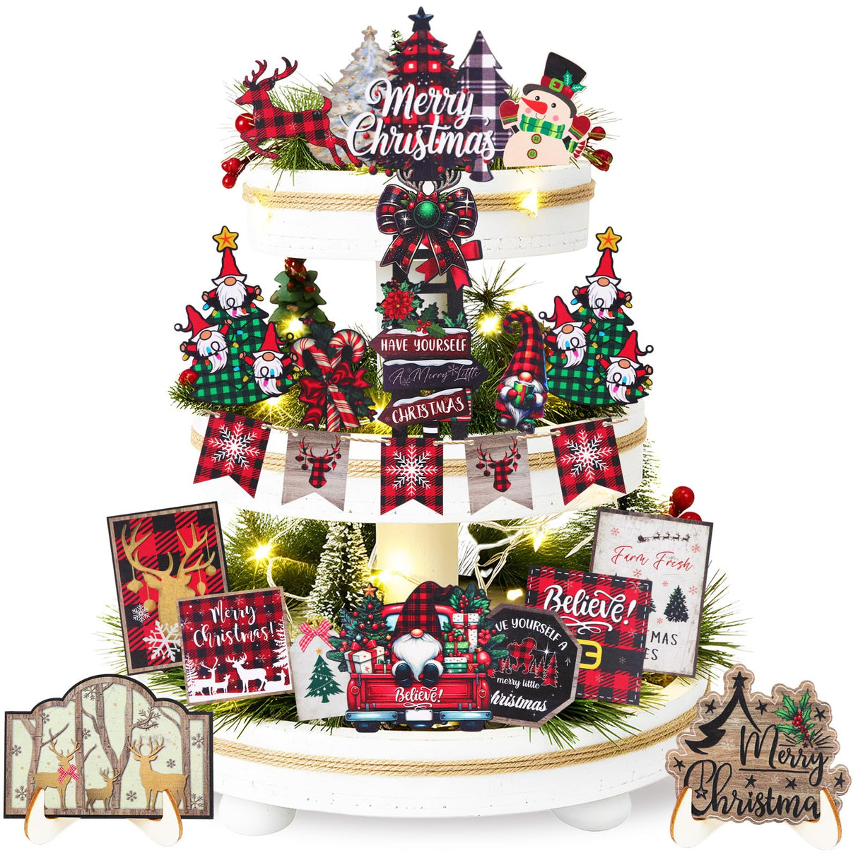 TAKEALOOKO Christmas Tiered Tray Decor Set - 24Pcs Wooden Signs Snowman Gnome Truck Ornaments, Family Party Rustic Farmhouse Holiday Decorations for Table Shelf Centerpiece Xmas Home TAKEALOOKO