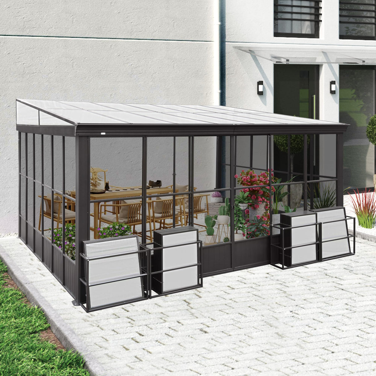 SHPAI 12x14FT Wall Mounted Sunroom, Outdoor Permanent Lean-to Solarium with Detachable Polycarbonate Roof, 2 Lockable Sliding Doors, Aluminum Gazebo Against The Wall Sun Room for Garden Patio Deck SHPAI