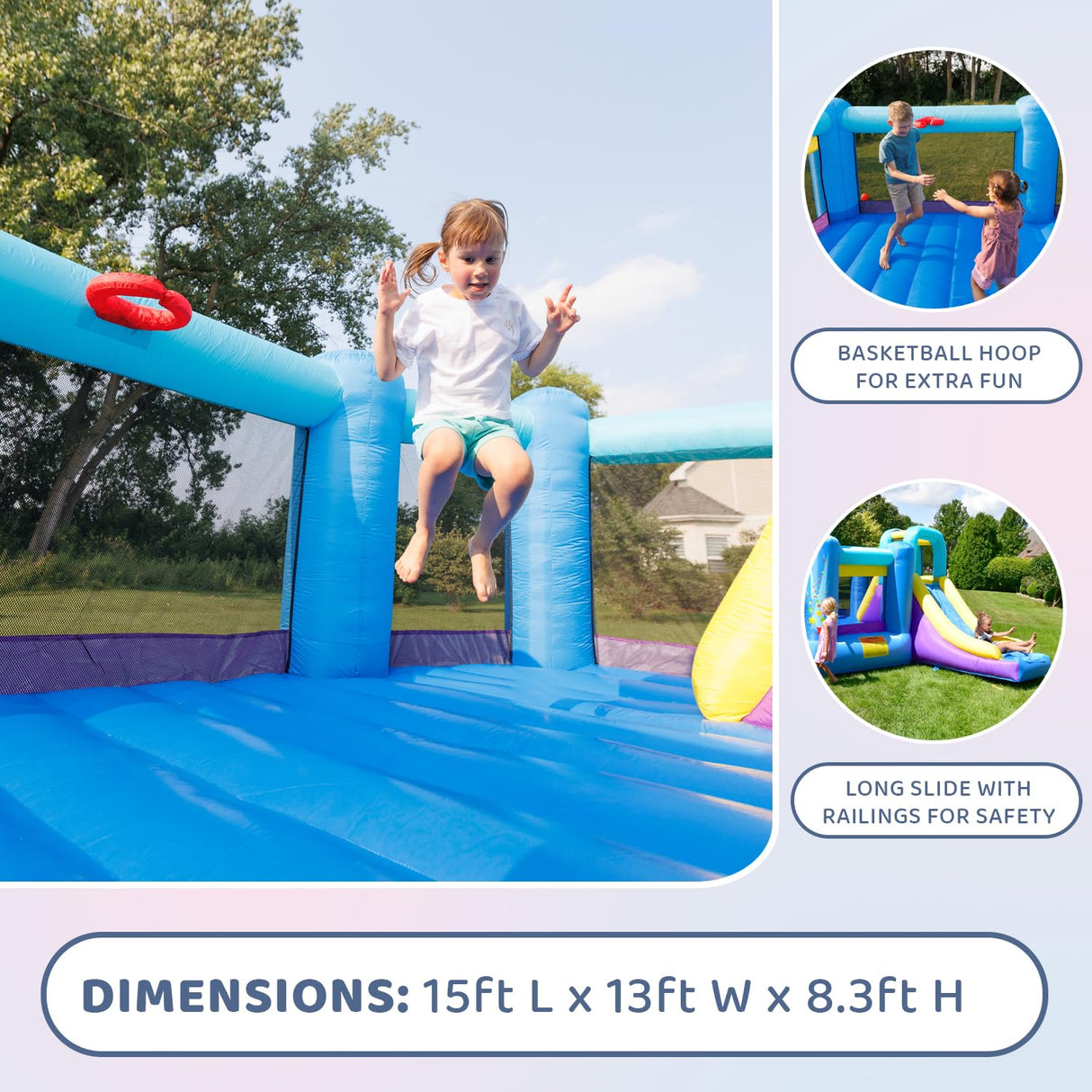 Bounceland Pop Star Inflatable Bounce House Bouncer, Large Bouncing Area with Long Slide, Climbing Wall, Basketball Hoop, UL 1HP Blower Included, 15 ft x 13 ft x 8.3 ft H, Pop Star Kids Party Theme Bounceland