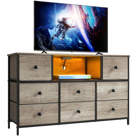LYNCOHOME Dresser with Power Outlets and LED Lights, 43" W Dresser TV Stand with 8 Drawers, Fabric Chest of Drawers for Bedroom, Living Room, Entryway, Veneer Greige LYNCOHOME