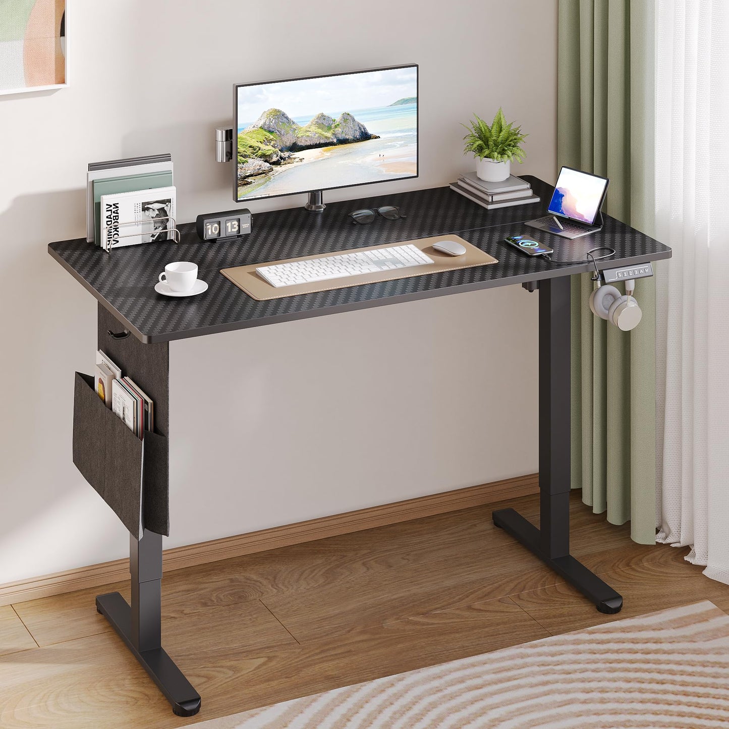 Bestier Height Adjustable Electric Standing Desk 47×24 Inch with 20mm/s Lifting Speed, 3 Height Memory Presets & USB Port, Gaming Desk with Headset Hooks & Storage Bag, 55dB, Carbon Fiber Bla - WoodArtSupply