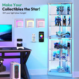 Lamtor 72" Corner Display Cabinet with Glass Doors, 6-Tier Showcase Curio Cabinet for Collectibles with Dynamic LED Lights, Modern Display Case for Living Room, White Lamtor