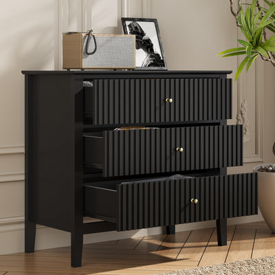 RoyalCraft 3 Drawer Dresser Set of 2, Fluted Chest of Drawers with Storage, Modern Painted 30 inch Tall Nightstand for Bedroom Living Room Entryway, Black