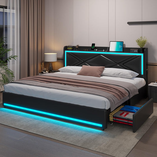 HAUOMS King Bed Frame with Storage Drawers, LED Lighting & Charging Station - PU Leather Platform Bed in Black - WoodArtSupply