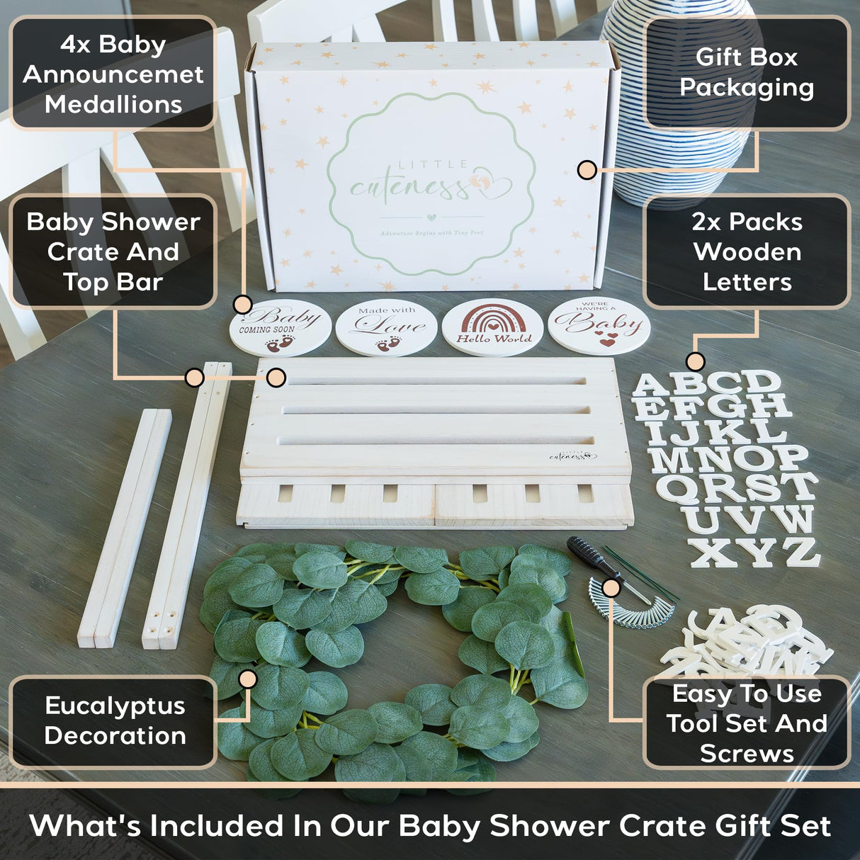 Wooden Baby Shower Crate Closet - Customizable Wooden Crate Box with Dual Rod System, Personalized Baby Shower Basket Alphabet Letters, Easy Assembly Baby Baskets for Baby Shower (Rustic White) Little Cuteness