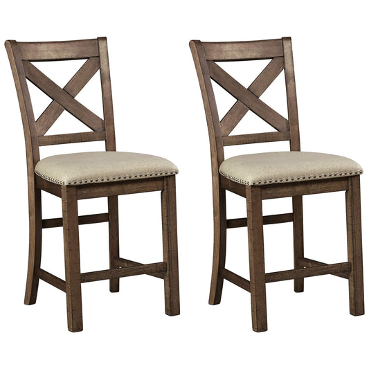 Signature Design by Ashley Moriville Rustic Farmhouse 24.5" Upholstered Barstool, 2 Count, Beige & Brown - WoodArtSupply