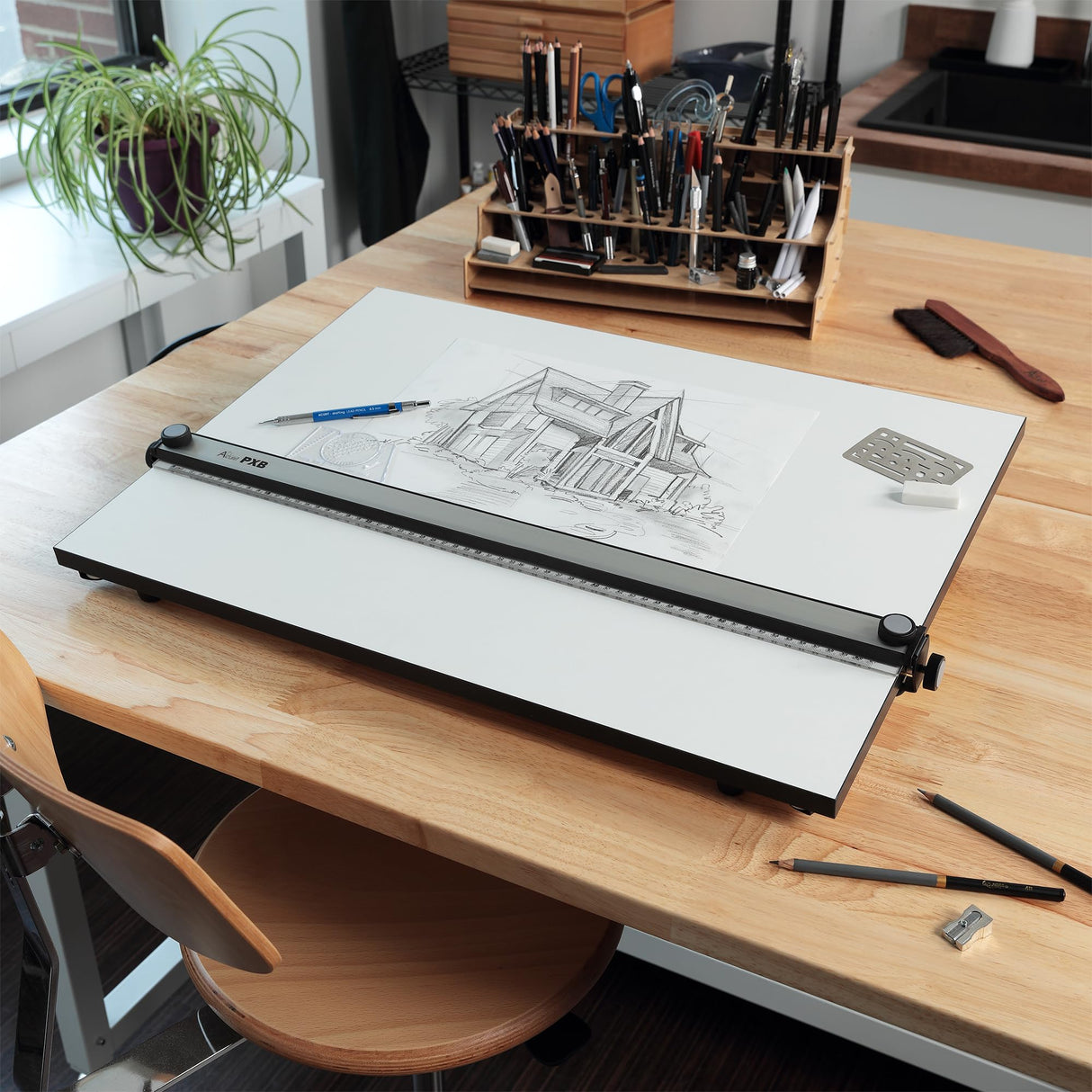 Acurit PXB 24” x 36” Drawing Board for Artists and Designers - Portable Workspace for Drawing, Sketching, Drafting, Painting - Fixed Angled Laminated Surface with Ruler and Parallel Motion Bar Acurit