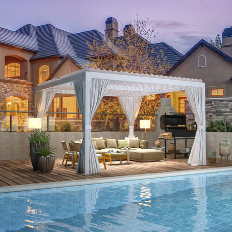 EROMMY 10x10FT Louvered Pergola Outdoor Sun Shade Shelter with Aluminum Frame and Adjustable Metal Rainproof Roof for Garden & Patio, Curtains and Netting Included, White EROMMY