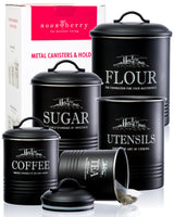 noonberry Canisters for Kitchen Counter, Set of 5 Black Containers, Airtight Coffee Tea Flour Sugar Canisters Sets for the Kitchen Countertop & Kitchen Utensil Holder noonberry