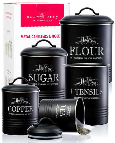 noonberry Canisters for Kitchen Counter, Set of 5 Black Containers, Airtight Coffee Tea Flour Sugar Canisters Sets for the Kitchen Countertop & Kitchen Utensil Holder noonberry