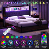 AMERLIFE King Size Bed Frame with Bookcase Headboard, 4 Storage Drawers, Wooden Platform Bed with Charging Station & LED Light, No Box Spring Needed, Noise-Free, Rustic Brown AMERLIFE