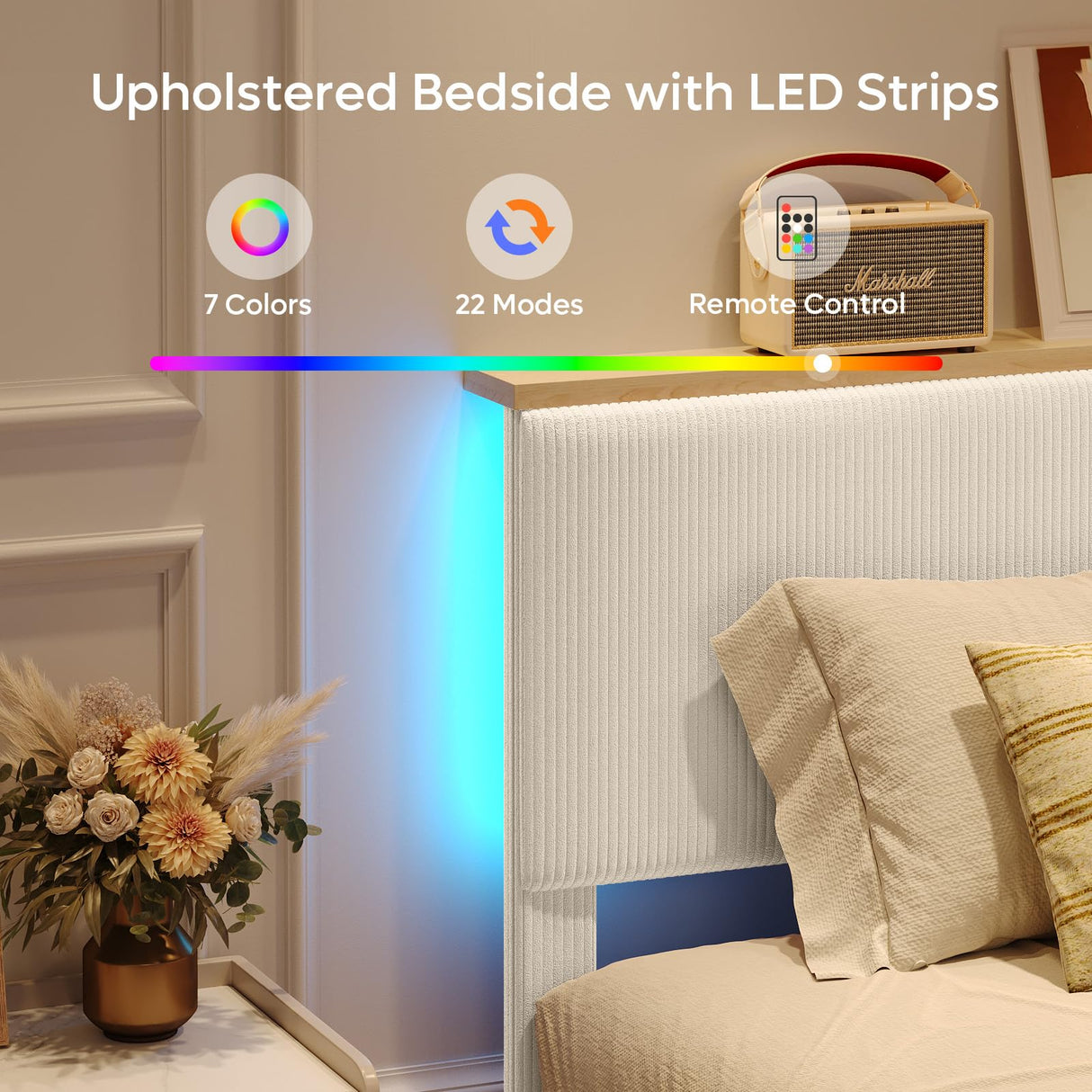 Bestier Full Bed Frame with Adjustable Headboard & LED Lighting, Corduroy Upholstered Platform Bed Frame with Storage Shelf, Solid Wood Slats, No Box Spring Needed, Never Squeak, Easy Assembly, Beige Bestier