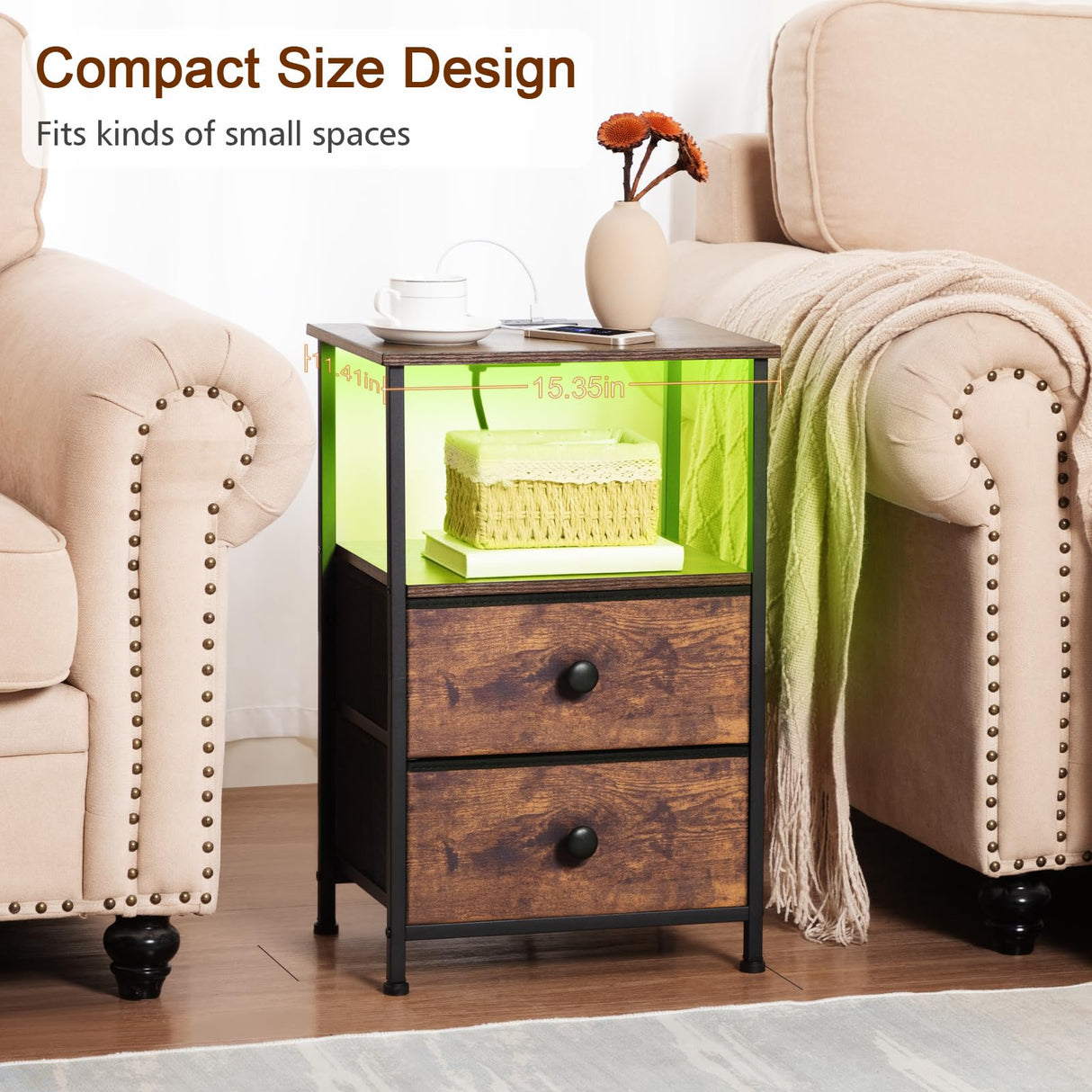 LOAKEKEL Night Stand Set 2, LED Nightstand with Charging Station, End Tables with Storage Shelf, Bedside Table with 2 Fabric Drawers for Bedroom, Small Spaces, Rustic Brown HETS02PBR LOAKEKEL