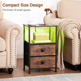 LOAKEKEL Night Stand Set 2, LED Nightstand with Charging Station, End Tables with Storage Shelf, Bedside Table with 2 Fabric Drawers for Bedroom, Small Spaces, Rustic Brown HETS02PBR LOAKEKEL