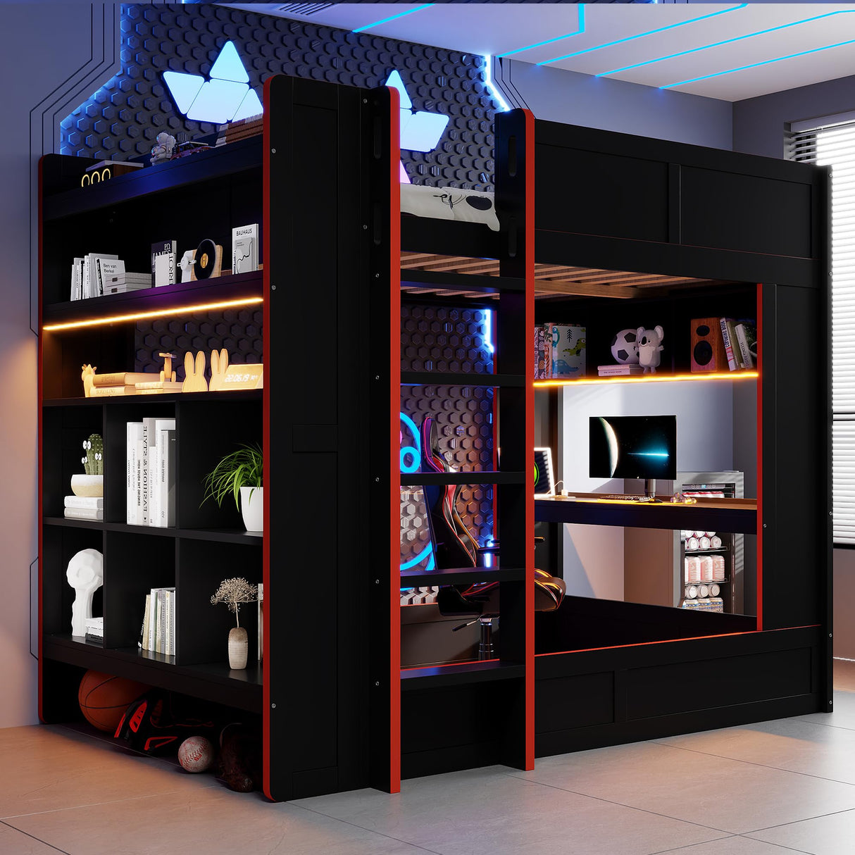 LUMISOL Full Size Gaming Loft Bed with Desk, Wood Bunk Bed Frame with Storage Shelves, LED and Charging Station, Black LUMISOL