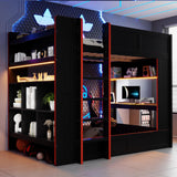Polibi Full Size Gaming Bunk Bed with Desk, Built-in Charging Station (2 Outlets & 2 USB), LED Lights, Storage Shelves, Black Wood & MDF Frame for Teens & Adults, No Box Spring Needed Polibi