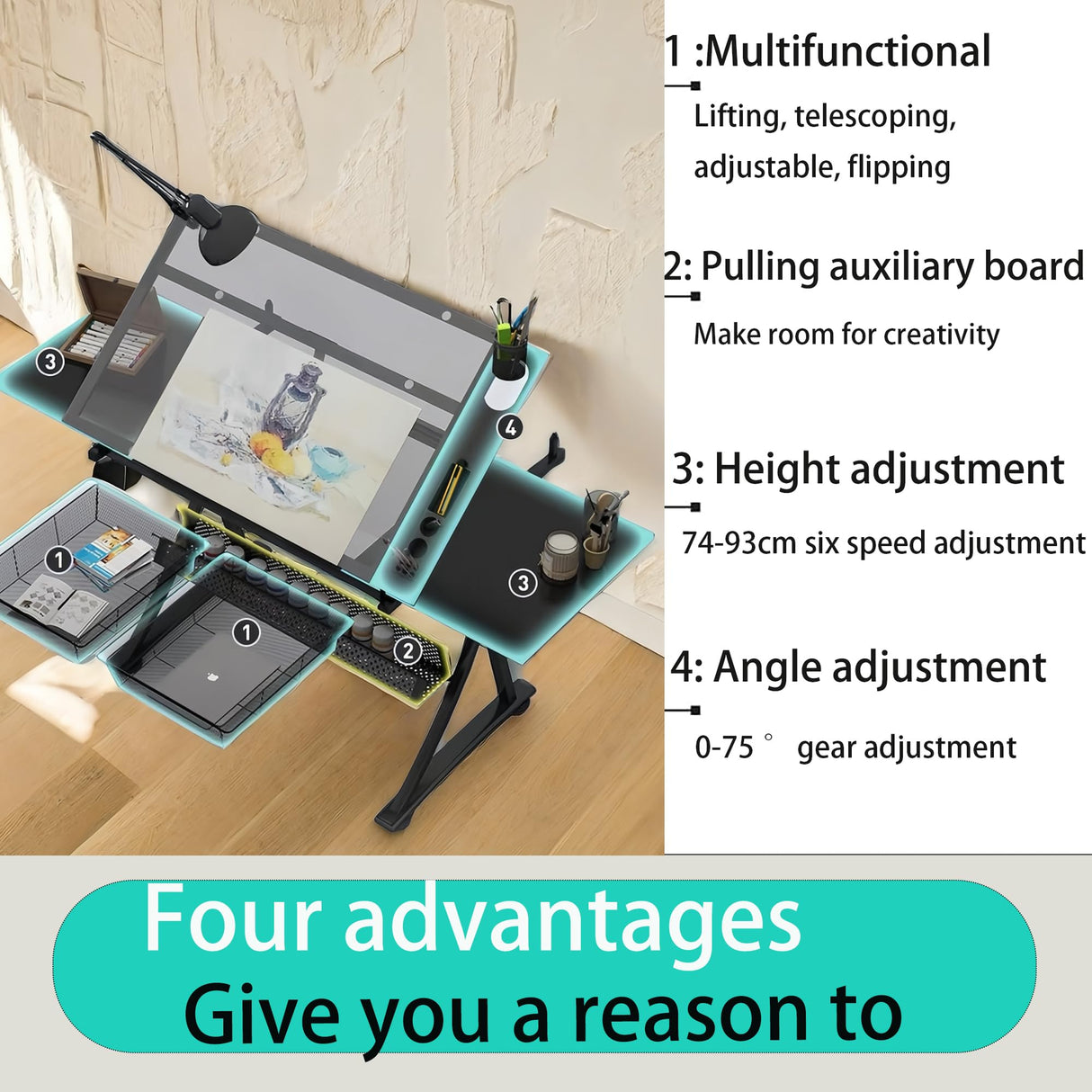 Donfafecuer Adjustable Drafting Table for Adults Professional Art Table 2 Storage Drawers Height Adjustable Home Office Reading Painting Tempered Glass Top Modern Black Design Doeqkue