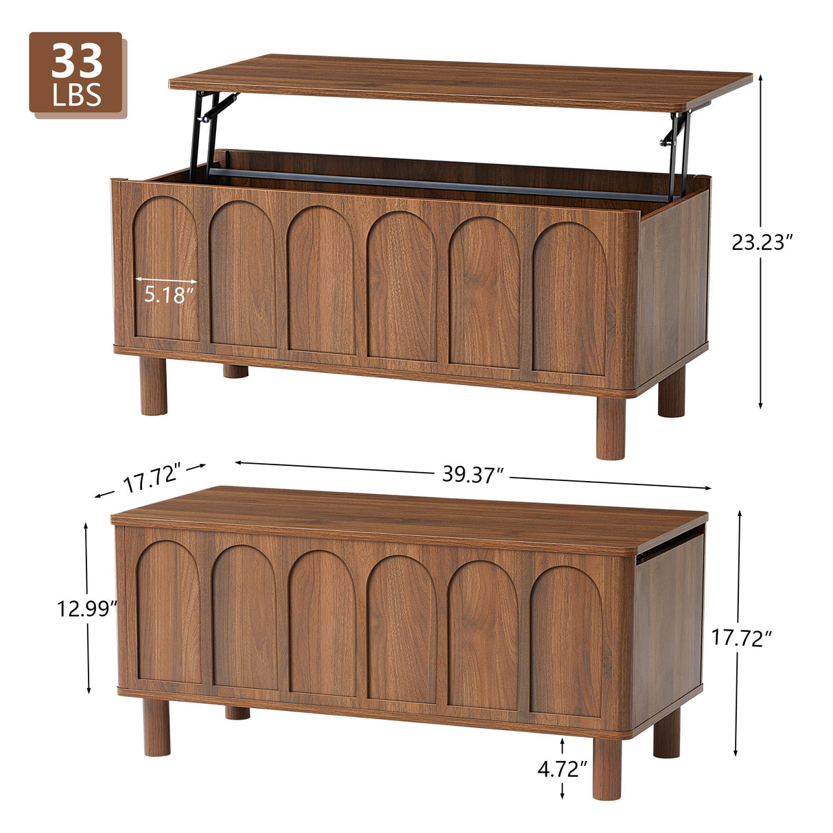 Lift Top Coffee Table with Arched Finish, Modern Coffee Table with Lifting Tabletop & Hidden Storage, Wood Center Table for Living Room,Convenient for Dining, Gaming or Working (Walnut) YUCHIATH