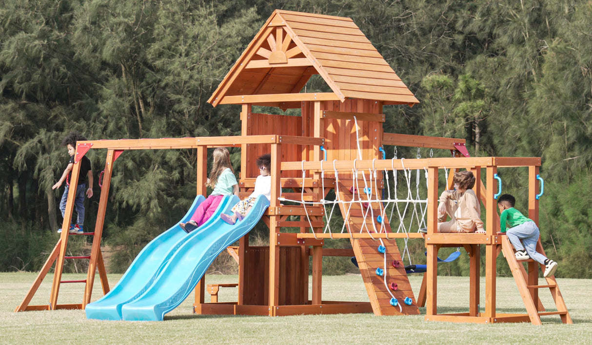 Dolphin Playground Wooden Swing Sets, Monkey bar, Plank Bridge with Rope Mesh, 2 Wave Slides, Large Climbing Wall, Outdoor Table, Saucer Swing, Playground Sets for Backyards, Outdoor Playset DOLPHIN PLAYGROUND T