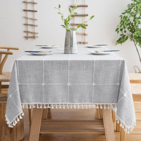 Oubonun Cotton Linen Rectangular Table Cloth, Wrinkle Resistant, Waterproof Tablecloth, Washable Farmhouse Table Cover with Tassels for Kitchen Dining Party, 55''x70'', 4-6 Seats, Grey Oubonun