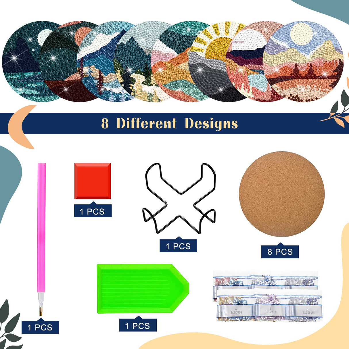 Sunnyray 8 Pcs Diamond Painting Coasters Kits with Holder, Landscape Black Cat Diamond Art Coasters Set Boho Diamonds Dots Painting Kits Adults DIY Art for Drinks Coffee Table(Landscape) Sunnyray