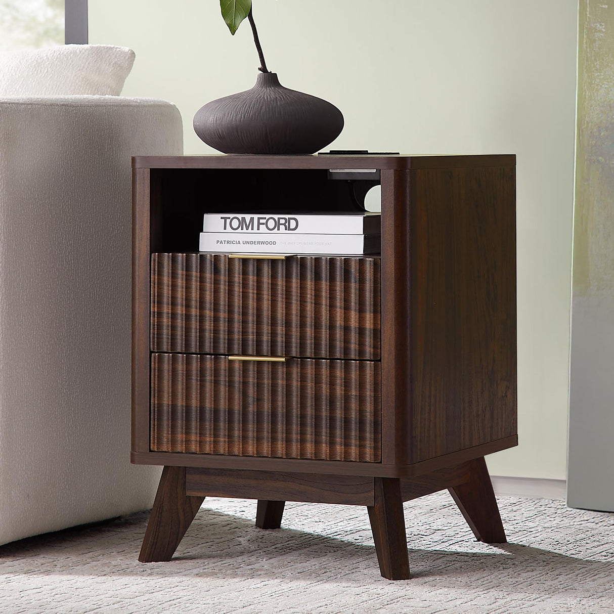 T4TREAM Fluted Nightstand with Charging Station, 18" Modern Side Table, 2 Drawers End Table with Storage, Bedside Table for Bedroom, Living Room, Curved Profile Design, Dark Walnut T4TREAM