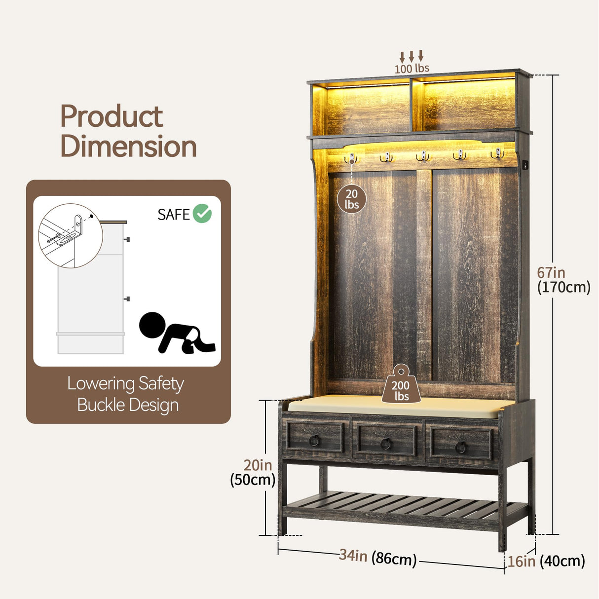Gurexl 67” Farmhouse Hall Tree with Shoe Storage, Auto Sensor Wood Coat Tree with LED Lights, 3-in-1 Entryway Bench with Coat Rack, Hooks and Drawers for Hallway, Living Room (Dark Rustic Oak) Gurexl