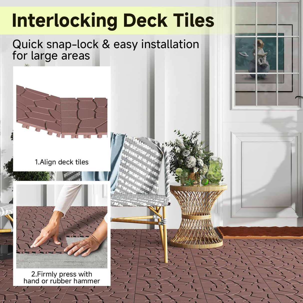 Rovibek 44 PCS Interlocking Deck Tiles, 12" X 12" Plastic Deck Tiles Outdoor Waterproof, All Weather Patio Tiles for Balcony Backyard Poolside Porch, Pavers for Outside Walkway, Stone Brown Rovibek