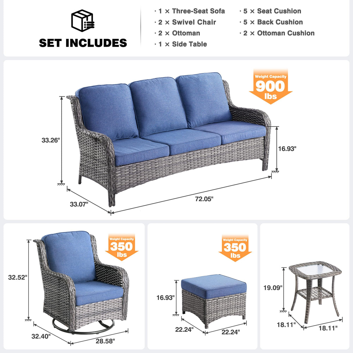 ovios Patio Furniture Set, 6 Piece Outdoor Wicker High Back Sofa with Swivel Rocking Chairs, Ottomans, Comfy Cushions, All Weather Conversation Set, Grey Rattan Denim Blue ovios