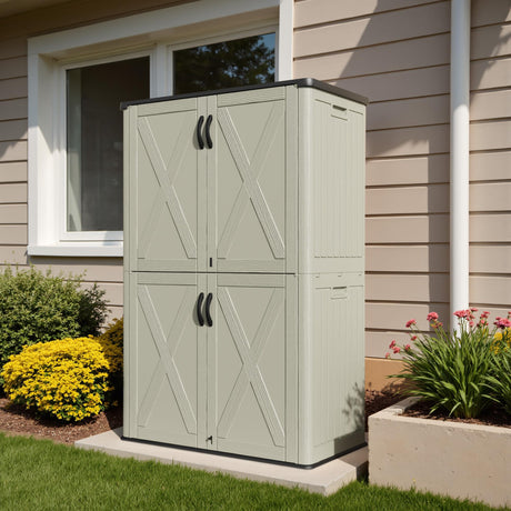 Devoko 50 cu.ft Outdoor Storage Cabinet - Vertical Resin Storage Shed - Holds Patio Furniture, Pool Toys, Garden Tools (Beige) Shelf Not Included Devoko
